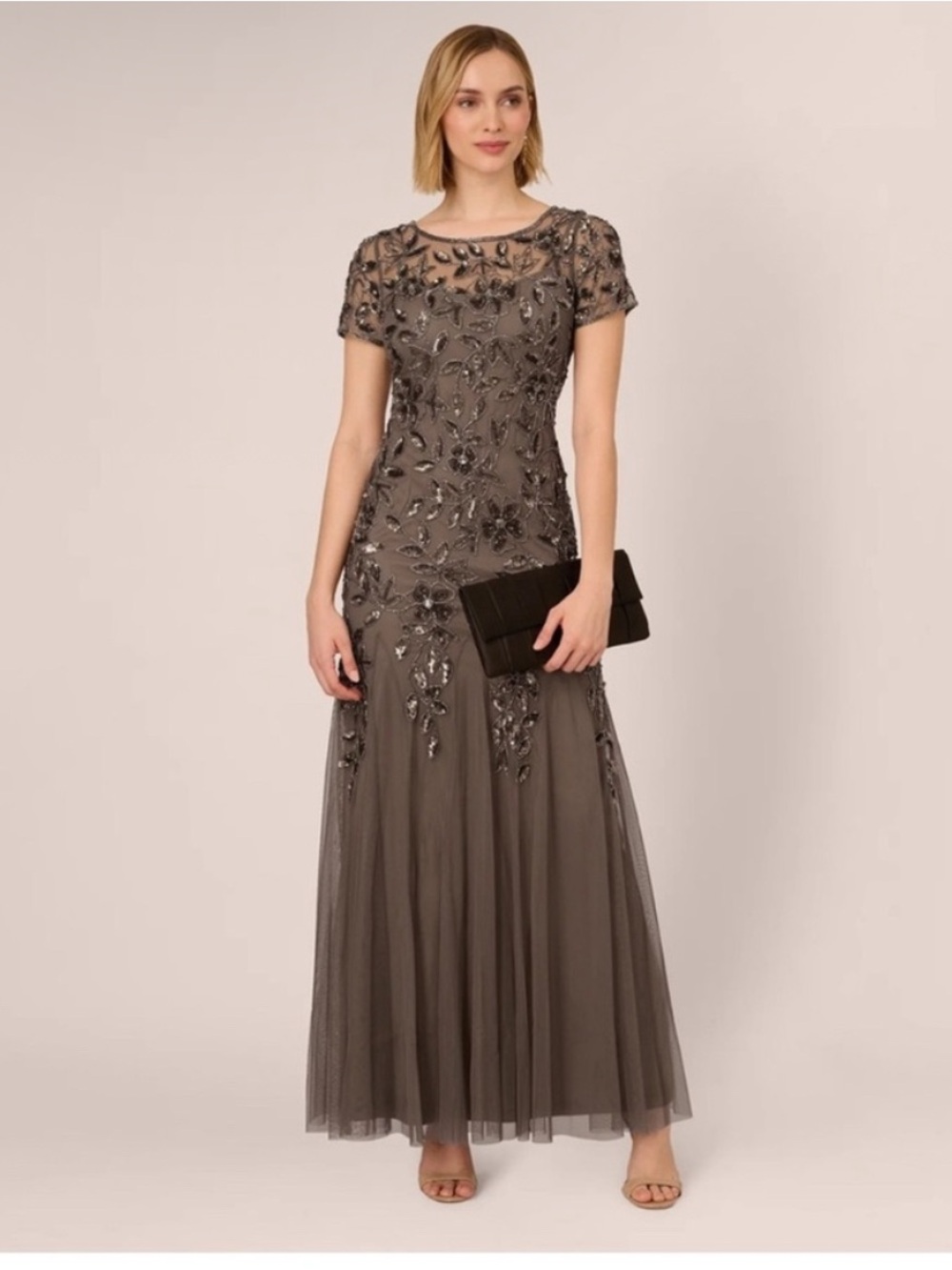 Adrianna Papell Dress SZ 16 Lead Brown Beaded Sequin Gown Formal Evening NWT MOB